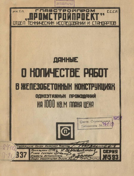Данные о количестве работ в железобетонных конструкциях одноэтажных промзданий на 1000 кв. м. плана цеха
